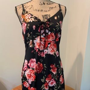 Floor length floral print dress with tie front